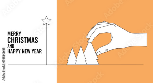Christmas and New Year Decoration with Hand Putting  Tree Outline