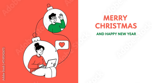 Festive Christmas Illustration with Connected People and Holiday Ornaments