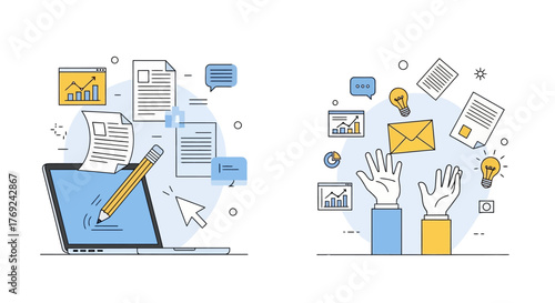 Graphic Design Illustration of Content Writing and Workflow Processes