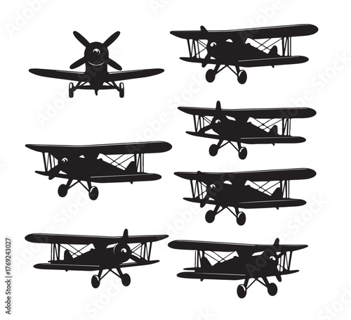 Dynamic collection of vintage biplane silhouettes, showcasing various angles and flight poses, perfect for aviation-themed designs and historical transport concepts