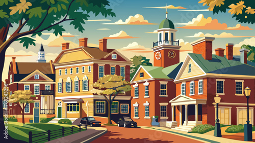 Very beautiful view of the Historic District in Dover, Delaware’s capital, showcasing charming brick buildings, tree-lined streets, and colonial architecture under a clear sunny sky.