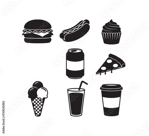 Delicious Food Illustrations Hamburger, Hotdog, Cupcake, Soda, Pizza, Ice Cream, Juice, Coffee, a Culinary Delight