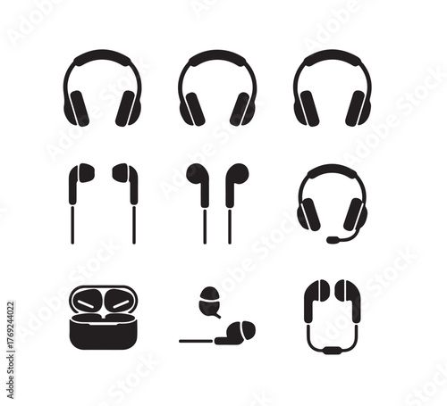 A versatile collection of modern personal audio listening devices presented as sleek black icons, showcasing various styles of headphones, earbuds, and earpieces for diverse sound experiences