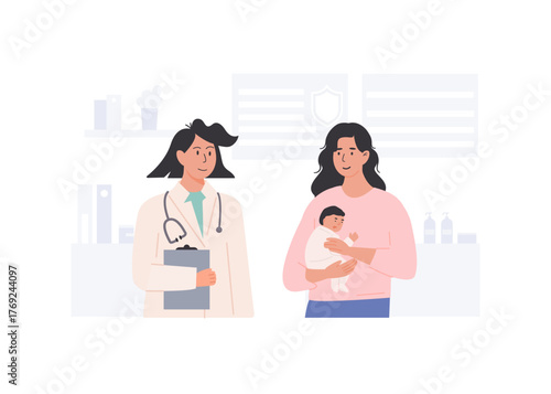 Young mother with newborn baby at clinic appointment with pediatrician or midwife. Early postnatal care and health check. Flat Style Vector Illustration.