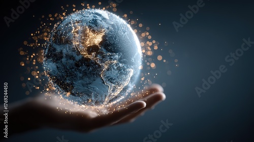 Hand Holding Digital Earth with Golden Dots, Showing Global Interconnection and Tech Control Scene