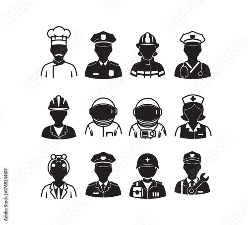 Diverse Careers Showcase  Line Art Icons of Professions Representing Skilled Workers in Various Sectors
