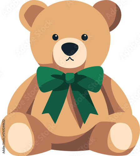 Adorable teddy bear toy with green ribbon bow cartoon vector