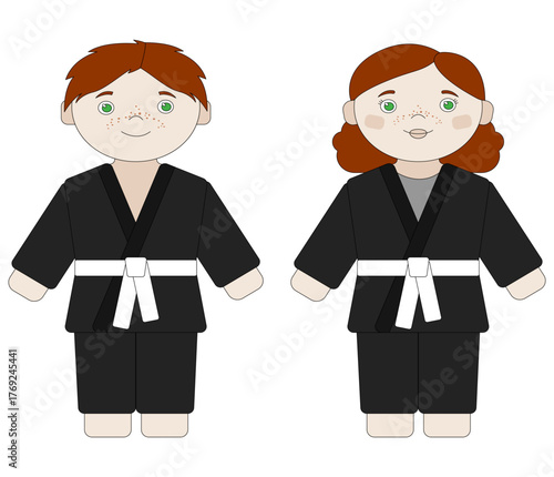 Cute vector illustration of a boy and girl in black karate uniforms, isolated on white background. Perfect for children's educational materials and sports graphics