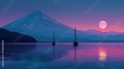 Wallpaper Mural Great wave and boats near Japanese mount concept. A serene sunset view of a mountain with boats on a tranquil lake. Torontodigital.ca