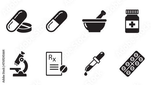 Pharmacy & Medicine Vector Icon Pack | Solid Black Filled Glyph Icons Featuring Pill, Capsule, Medicine Bottle, Prescription Paper, Mortar and Pestle, Dropper, Microscope, Test Tube, Blister Pack & Cr