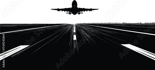 Airplane taking off from runway black silhouette vector illustration