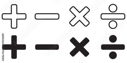 Basic mathematical symbol. Plus minus, Multiply icon, division symbol, Calculator, math icon set arithmetic plus, minus, multiplication and divide sign symbol set for application and website.