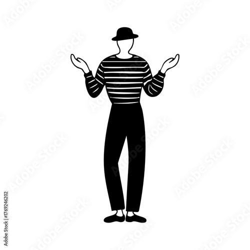 Mime artist gesturing with invisible walls, expressing creativity, silence, and theatrical body language.
