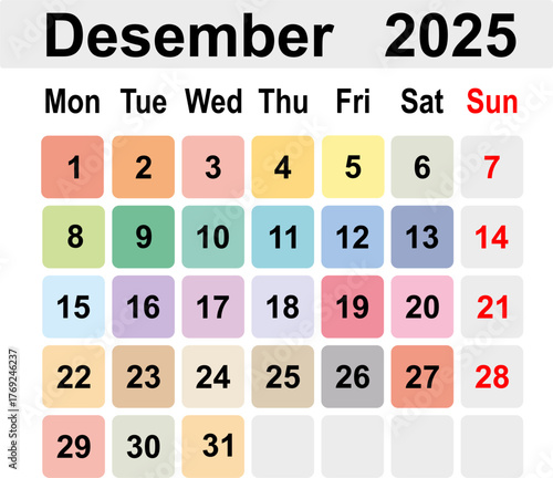 Minimalist December 2025 calendar with business-friendly vector design.