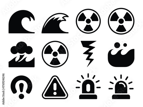 Collection of black hazard and warning icons
