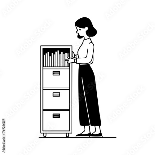 Secretary organizing files in a cabinet, symbolizing office work, order, and administrative efficiency.
