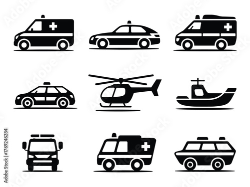 Set of black silhouette emergency and service vehicles