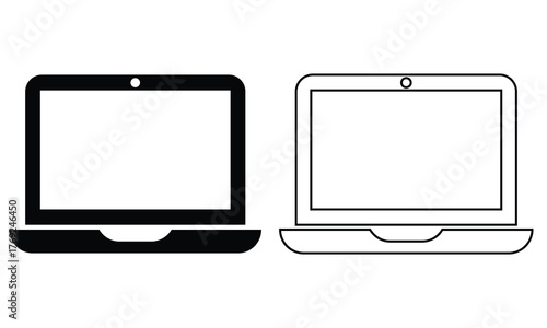 Apple MacBook Pro modern laptop icon. Minimalist vector illustration showing two laptop icons in black and white, representing digital technology, computers, and online work concepts.
