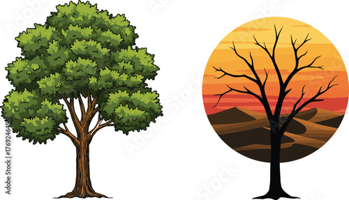 Green tree and dry tree comparison, nature contrast concept, climate change impact, environmental awareness, forest growth and drought landscape illustration