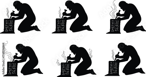 Silhouette of man carving stone sculpture with chisel and hammer, ancient craftsman working on art monument, black vector illustration