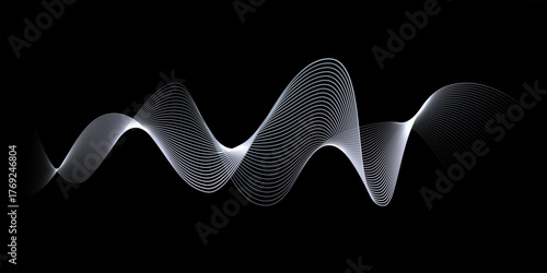 Silver waves background. White wave lines with glowing light effect on black background. Curved abstract stripes forming fluid motion and elegant movement. Dynamic modern vector design.