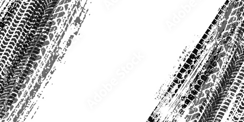 Diagonal tire tracks with grunge texture and rough skid pattern. Dirty wheel imprints with aggressive motion effect isolated on white background. Realistic automotive vector illustration.