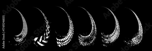 Tire track. Car, bike, motorcycle tyre mark with grunge effect isolated on black background. Wheel footprint on road. Top view of rubber protector mark. Realistic vector illustration.