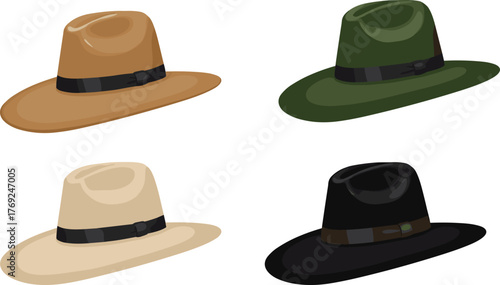 Elegant fedora hat collection vector illustration, stylish classic headwear in black, brown, green and beige colors for fashion design