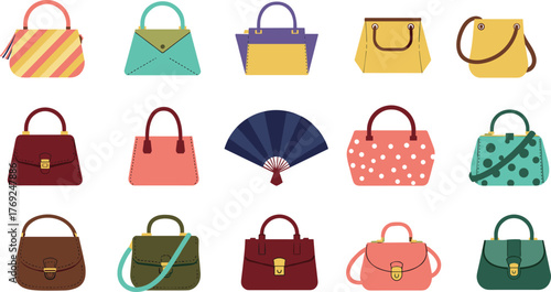 Colorful fashion handbags collection, stylish women purses and tote bag illustration, modern accessory design set for fashion lovers and designers