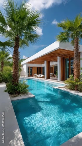 Wallpaper Mural Tropical Oasis: An enticing shot of a luxurious villa showcasing a sleek, long swimming pool with tropical palm trees under a bright, sunny sky. Torontodigital.ca