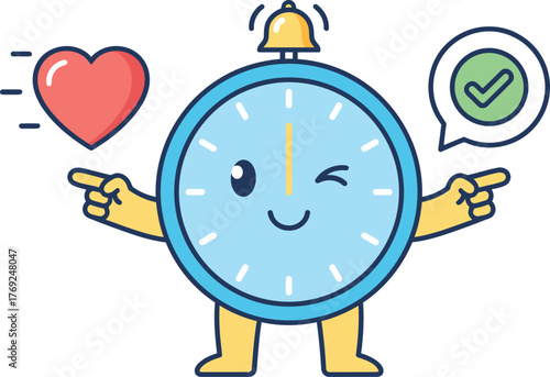 Time management clock character with heart flat vector for motivation and success