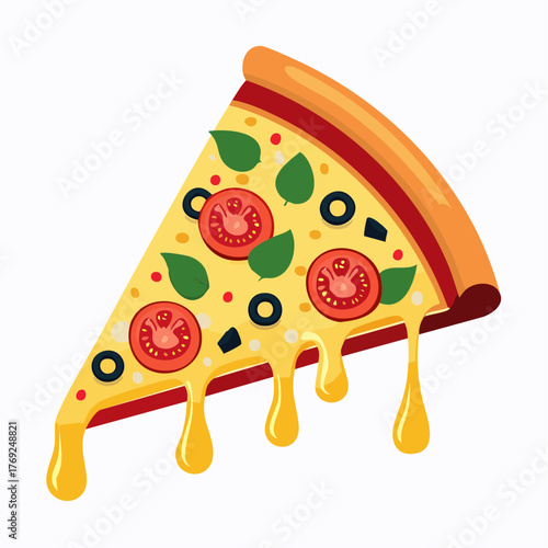 Slice of Pizza with Tomatoes, Olives, and Basil A Delicious Flat Vector Icon