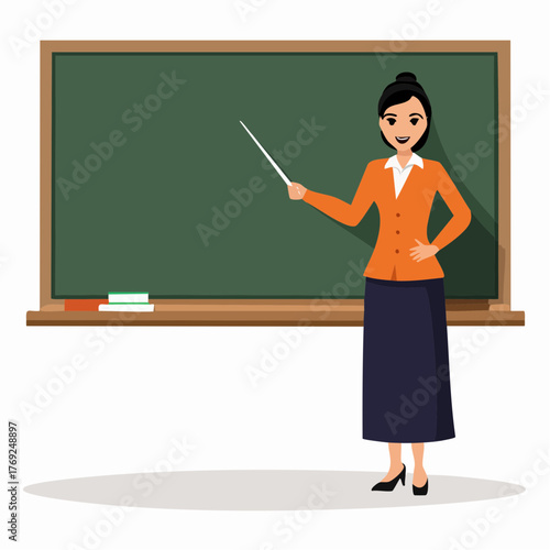 Teacher with Pointer Standing in Front of a Chalkboard, Ready to Educate and Inspire