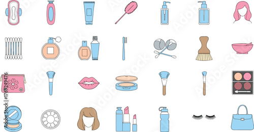 Beauty and makeup accessories collection, cosmetic tools, skincare items, brushes, lipstick, perfume, mirror, and bag illustration for design