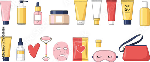 Beauty skincare cosmetic products set, face cream, serum, lotion, sunscreen, mask and accessories illustration for skincare and spa design