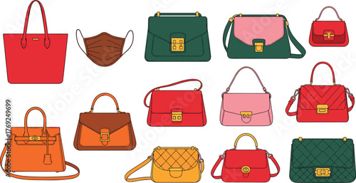 Colorful collection of fashion handbags, luxury designer purses and shoulder bags, modern leather accessories illustration for women’s fashion design