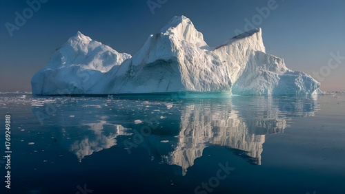 Wallpaper Mural A massive iceberg rests on a calm sea, its jagged white peak and sheer faces reflected in the glassy water. Concept Iceberg, Calm Sea, Reflections, Arctic Landscape, Jagged Peaks Torontodigital.ca