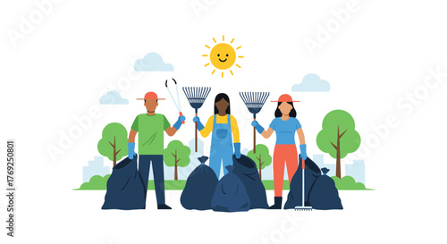 Community volunteers cleaning up a park on a sunny day with garbage bags