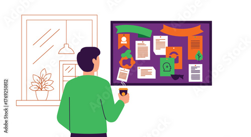 Man Standing By Bulletin Board With Papers and Notes Attached