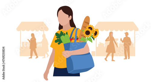 Woman Carries Blue Shopping Bag Full of Groceries and Sunflowers at Outdoor Market
