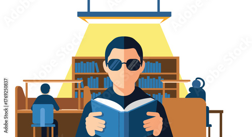 Student Studying Braille and Reading Books in a Library Environment