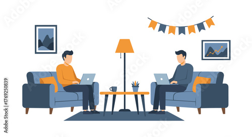 Two men working on laptops in a cozy living room setting