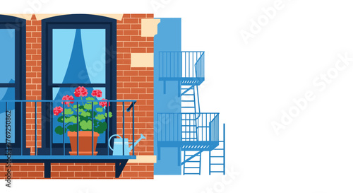 Charming Urban Apartment Balcony with Blooming Flowers and Fire Escape