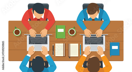 Four People Collaborating Working Together on Laptops at a Wooden Table