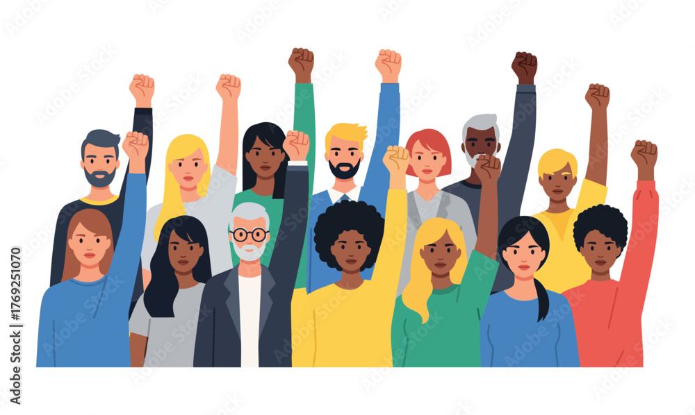 Obraz premium Diverse Group of People Raising Fists in Solidarity, Protest, and Unity; Concept of Activism, Human Rights, and Social Justice for a United Community