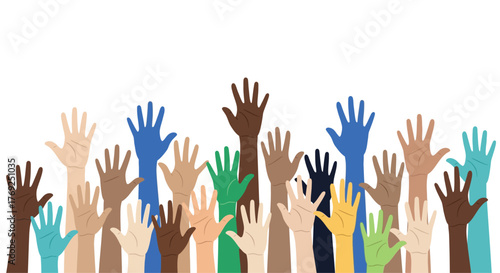 Diverse Raised Hands Vector Illustration: Community, Unity, Participation, Voting, and Support in Flat Design Style on White Background