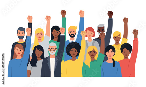 Diverse Group of People Raising Fists in Solidarity, Protest, and Unity; Concept of Activism, Human Rights, and Social Justice for a United Community