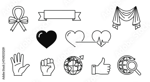 Universal Symbol Icons Set: Love, Global Connection, Social Gestures, and Decorative Elements in Line Art Style