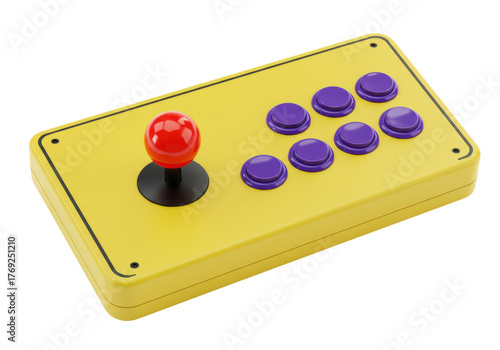 Isolated gaming joystick, button controller with yellow case and purple buttons, nobody
