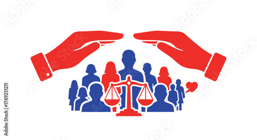 Caring Hands Protecting Diverse Community with Justice Scales and Heart Symbolizing Social Welfare and Equality Vector Illustration